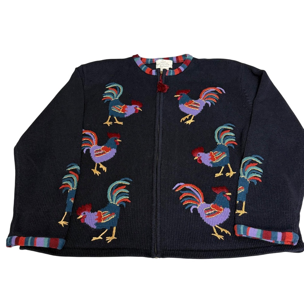 Vintage 90s Christopher & Banks Hand Embroidered Rooster Zip Cardigan Sweater XL